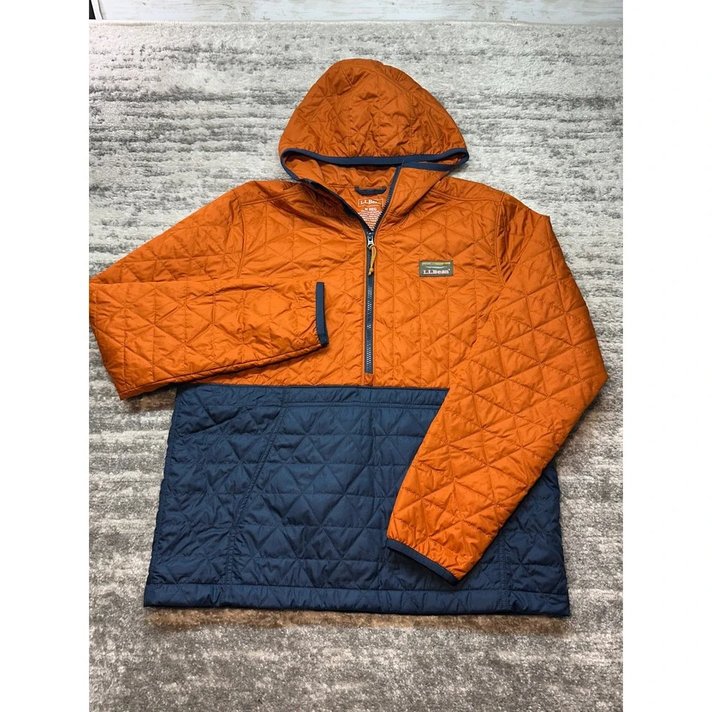 LL Bean Quilted Pullover Mens M Orange Navy Primaloft Hooded Anorak 503856